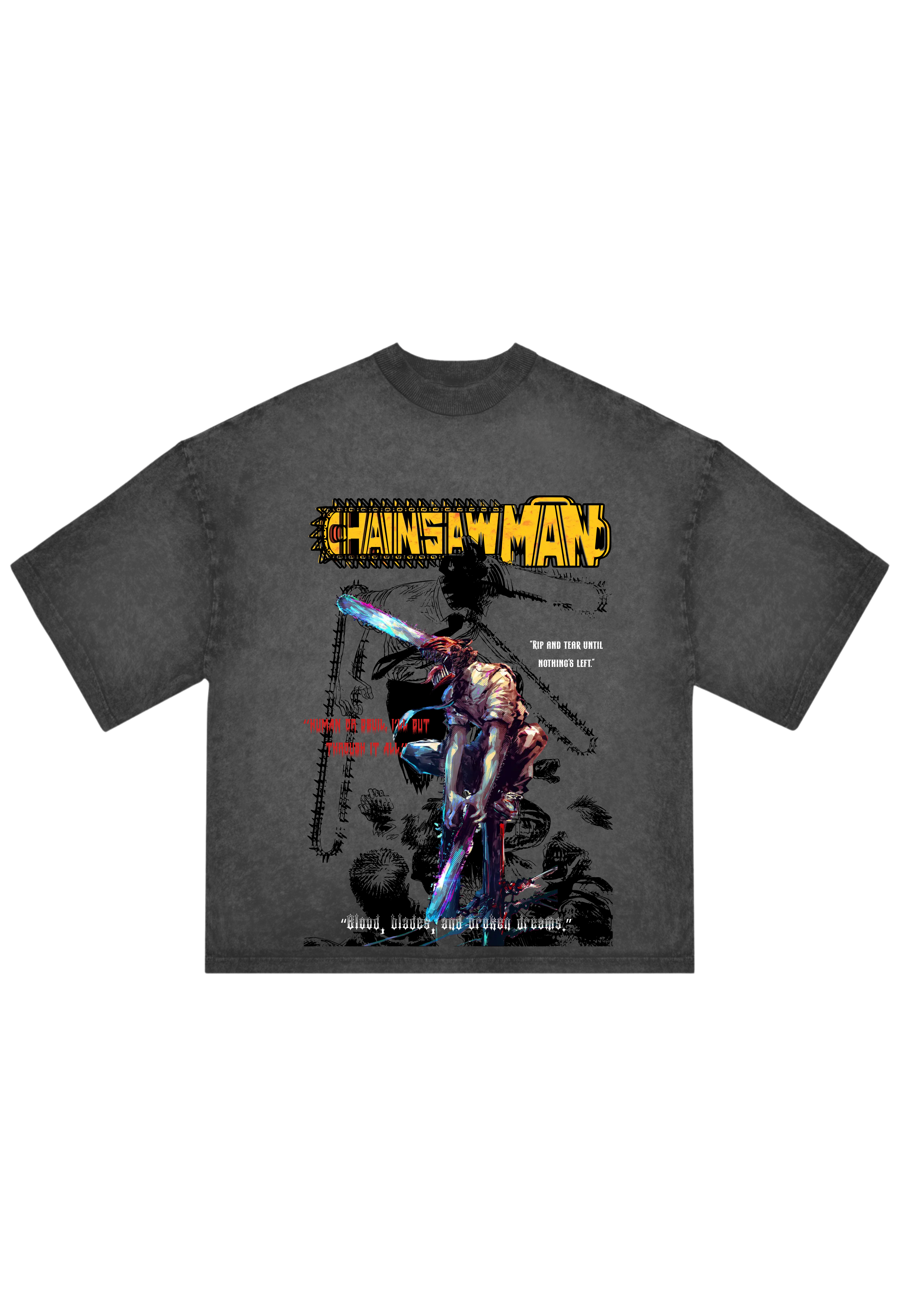 Chainsaw Man Denji Acid Wash T-Shirt Oversized Grey Anime Streetwear Tee