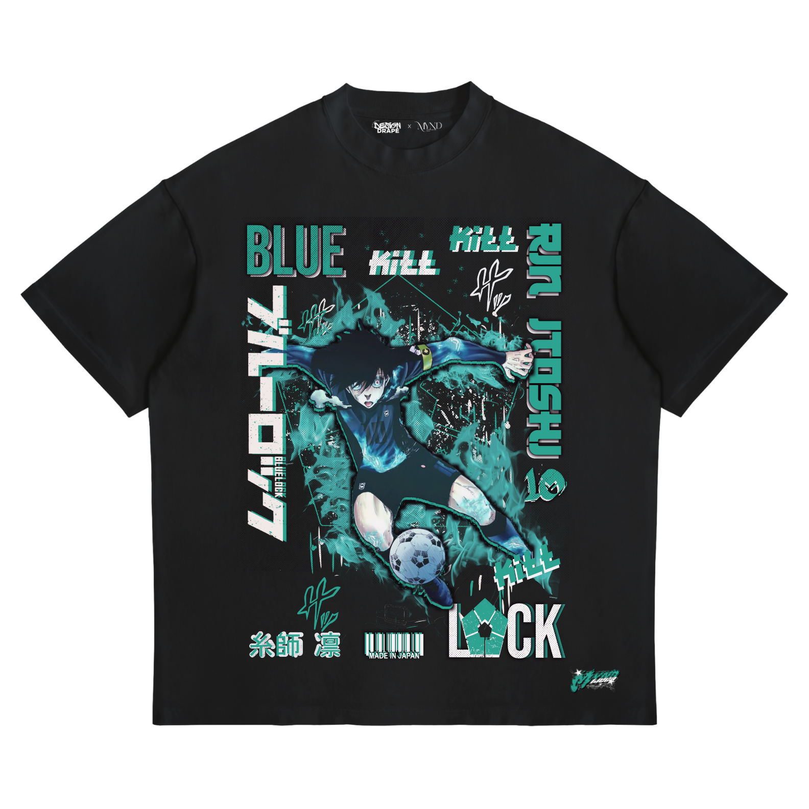 Rin Itoshi T-Shirt – Blue Lock Anime Streetwear Tee (Unisex, Black/Teal)